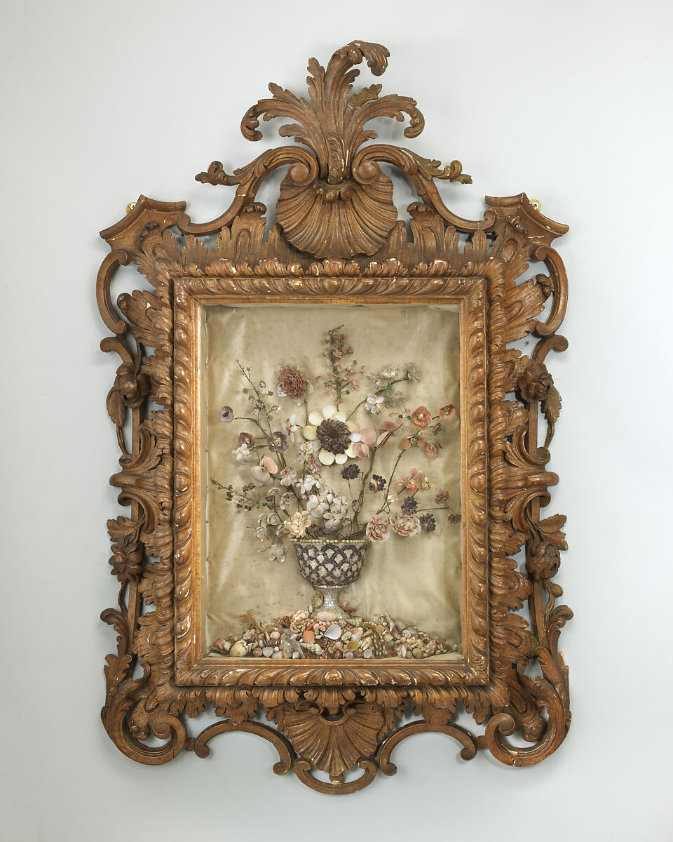 Pair of framed shellworks, Carved and stained wood, shells, British 