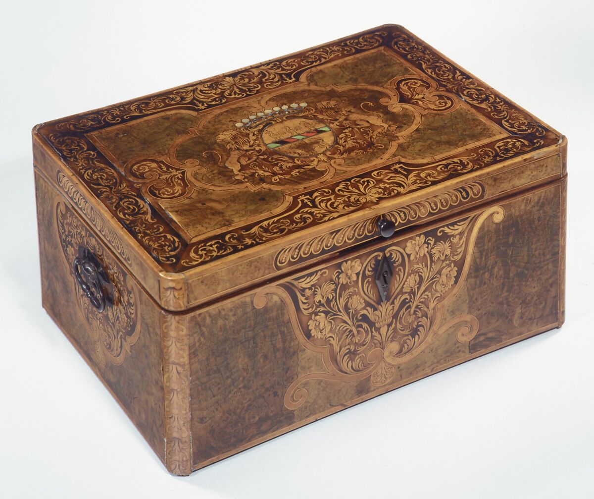 Box, Attributed to Pierre Hache (Grenoble, France, 1705–1776), Walnut, burr-walnut veneer and other woods, mother-of-pearl, ivory and wrought iron, French, Grenoble 