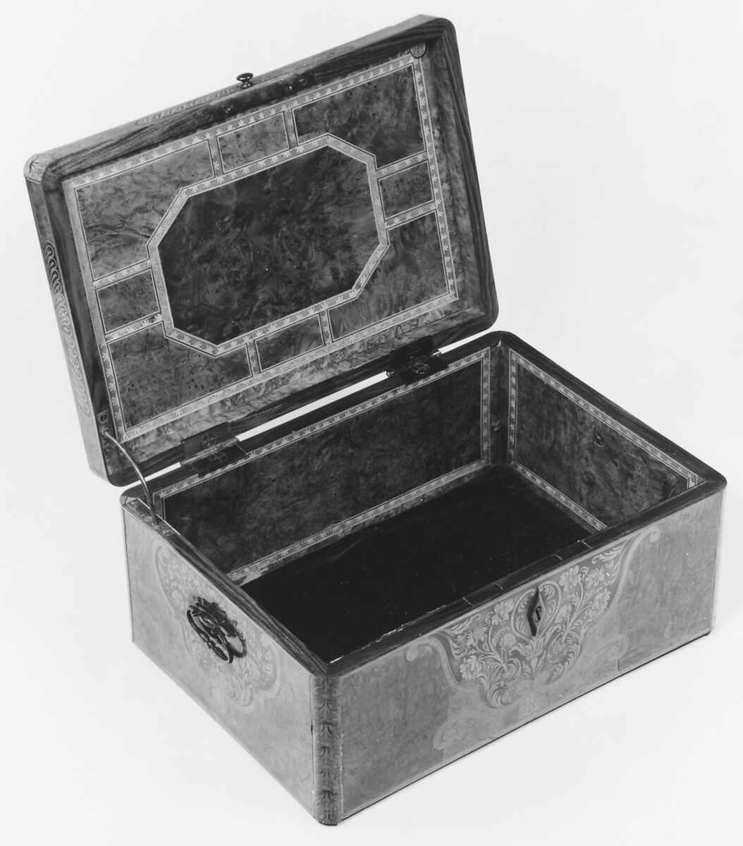 Box, Attributed to Pierre Hache (Grenoble, France, 1705–1776), Walnut, burr-walnut veneer and other woods, mother-of-pearl, ivory and wrought iron, French, Grenoble