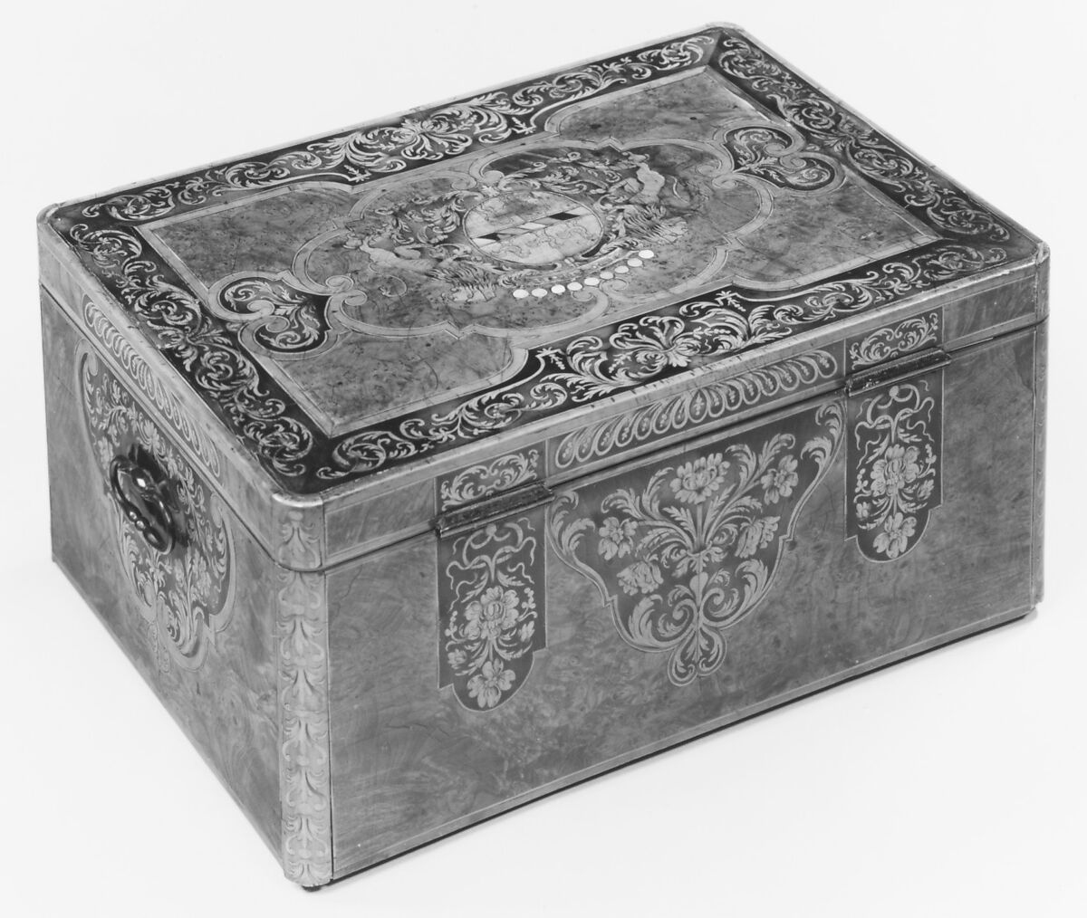 Box, Attributed to Pierre Hache (Grenoble, France, 1705–1776), Walnut, burr-walnut veneer and other woods, mother-of-pearl, ivory and wrought iron, French, Grenoble