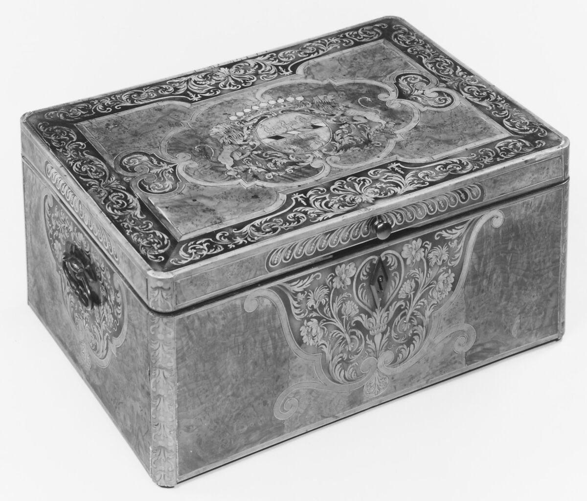 Box, Attributed to Pierre Hache (Grenoble, France, 1705–1776), Walnut, burr-walnut veneer and other woods, mother-of-pearl, ivory and wrought iron, French, Grenoble