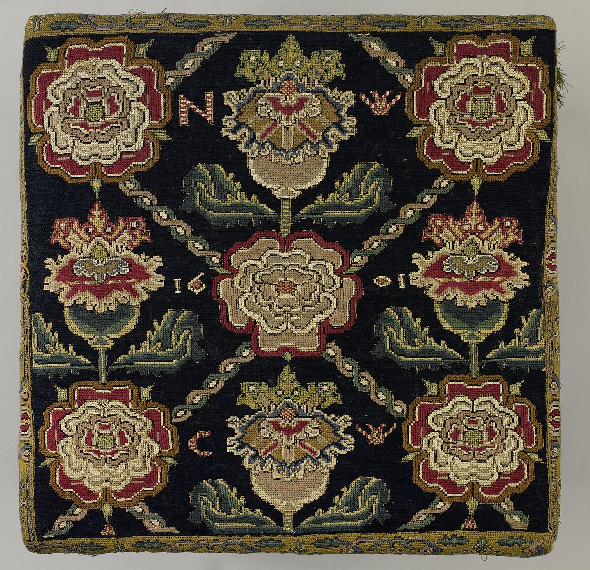 Cushion cover, Canvas embroidered with wool and silk thread; cross and long-armed cross stitches, British 