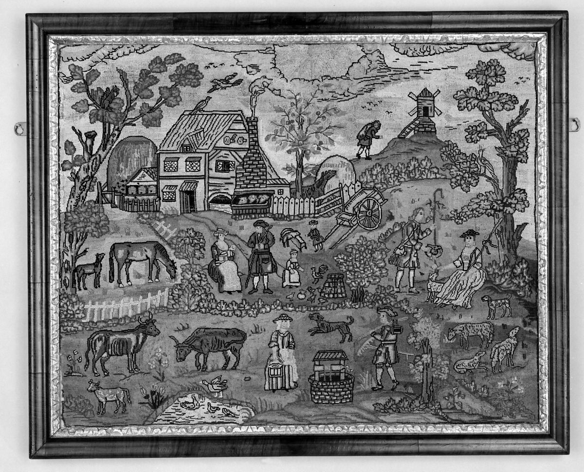 Embroidered picture with farmyard scene, Wool and silk on canvas; carved and gilt wood frame, British 