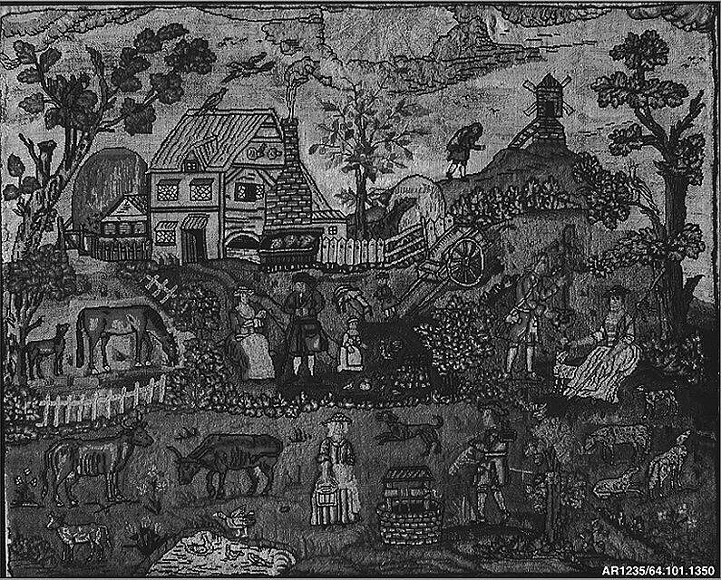 Embroidered picture with farmyard scene, Wool and silk on canvas; carved and gilt wood frame, British