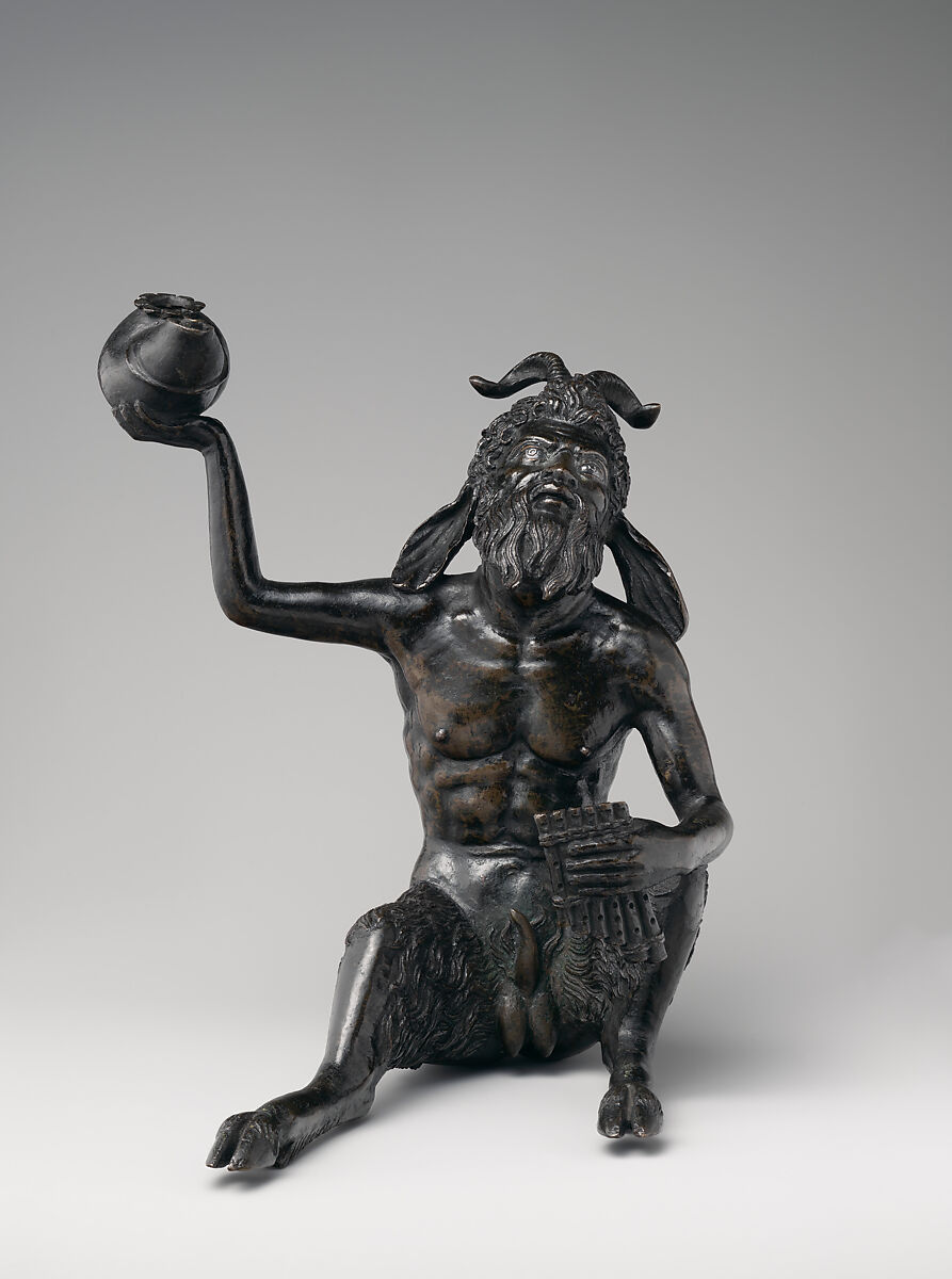 Seated satyr with silvered eyes, Andrea Briosco, called Riccio (Italian, Trent 1470–1532 Padua), Bronze, silver inlay (eyes), Italian, Padua 