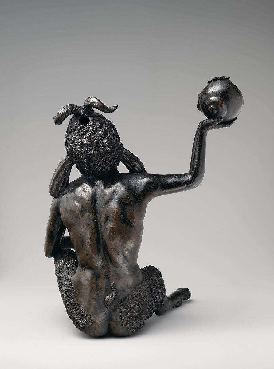 Seated satyr with silvered eyes, Andrea Briosco, called Riccio (Italian, Trent 1470–1532 Padua), Bronze, silver inlay (eyes), Italian, Padua