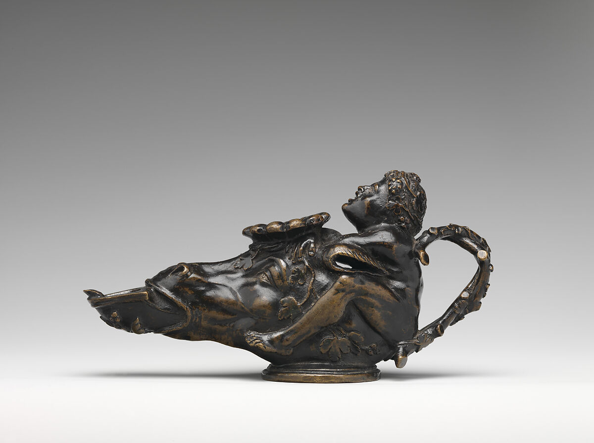 Oil lamp in the form of a dwarf on a donkey’s head, Manner of Andrea Briosco, called Riccio (Italian, Trent 1470–1532 Padua), Bronze, Northern Italian