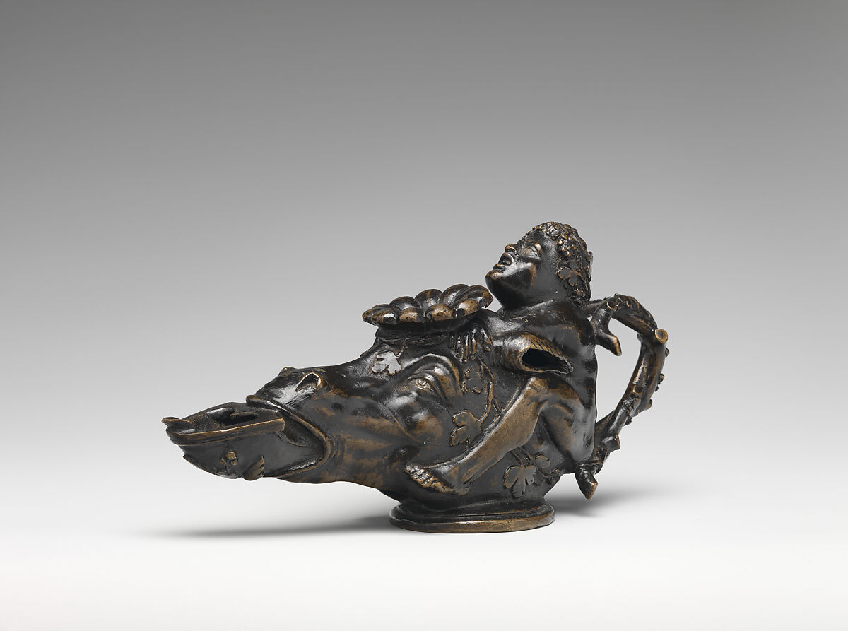Oil lamp in the form of a dwarf on a donkey’s head, Manner of Andrea Briosco, called Riccio (Italian, Trent 1470–1532 Padua), Bronze, Northern Italian 