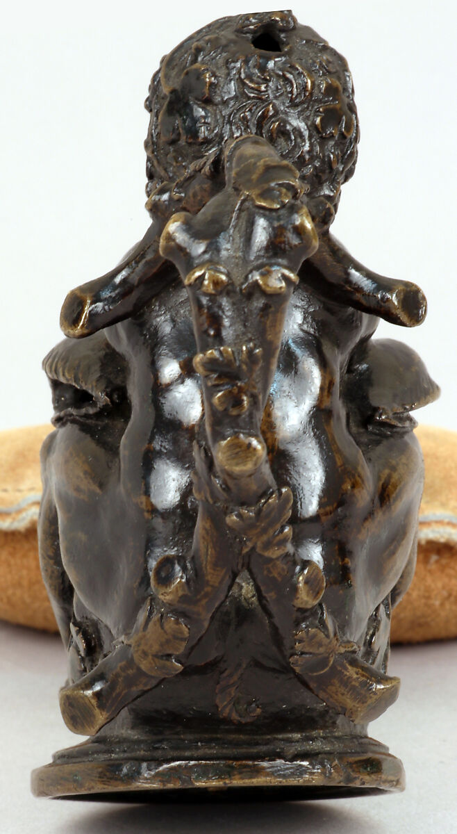 Oil lamp in the form of a dwarf on a donkey’s head, Manner of Andrea Briosco, called Riccio (Italian, Trent 1470–1532 Padua), Bronze, Northern Italian