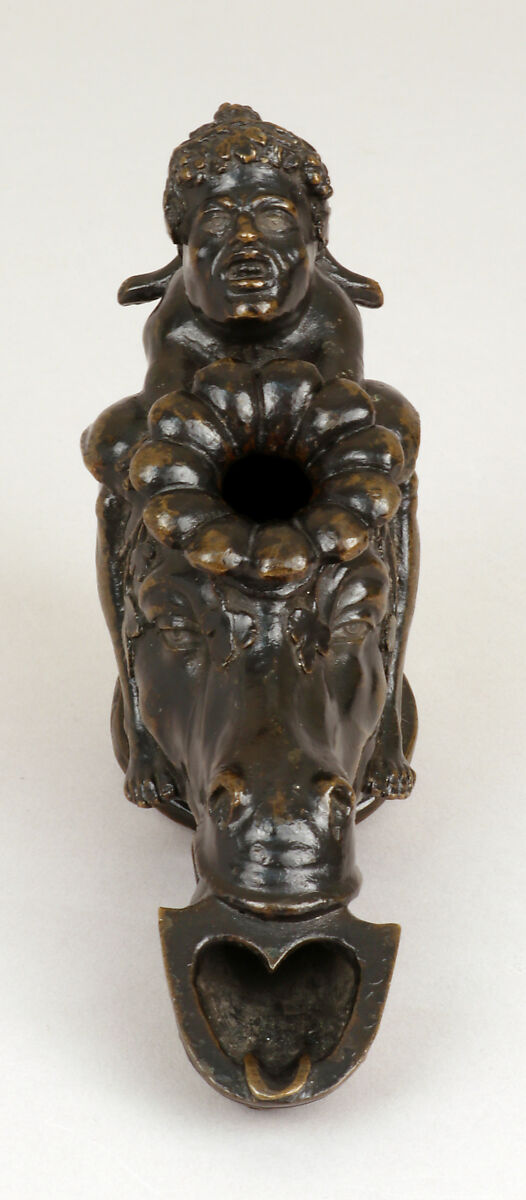 Oil lamp in the form of a dwarf on a donkey’s head, Manner of Andrea Briosco, called Riccio (Italian, Trent 1470–1532 Padua), Bronze, Northern Italian