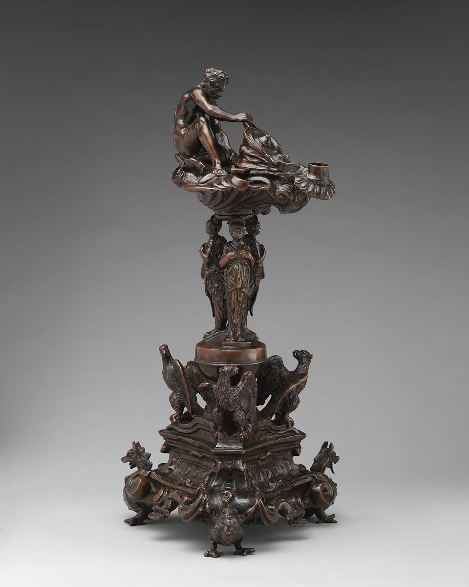 Sixteenth-century-style oil lamp in a stand, After an original by Leone Leoni (Italian, Menaggio ca. 1509–1590 Milan), Bronze, Italian, Rome