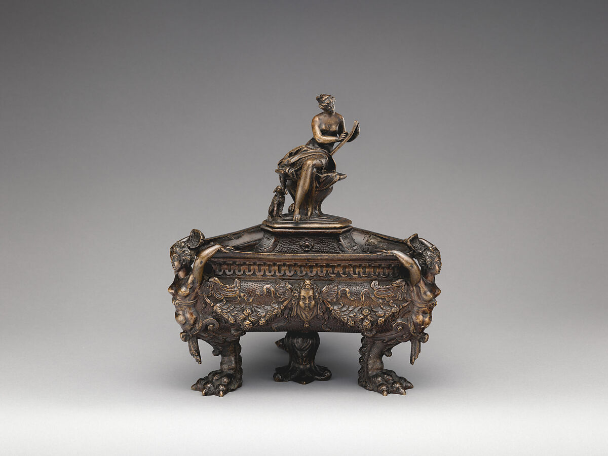 Inkwell (one of a pair) surmounted by finial figure representing History, Bronze, Possibly Northern Italian 