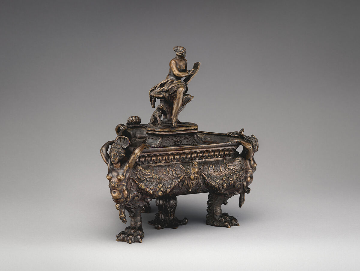 Inkwell (one of a pair) surmounted by finial figure representing History, Bronze, Possibly Northern Italian