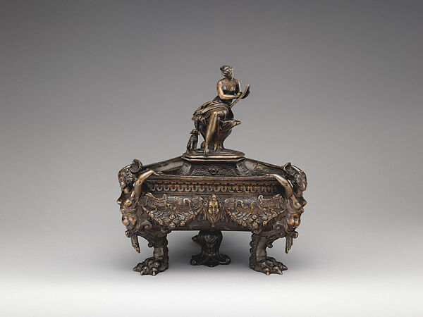 Inkwell (one of a pair) surmounted by finial figure representing History