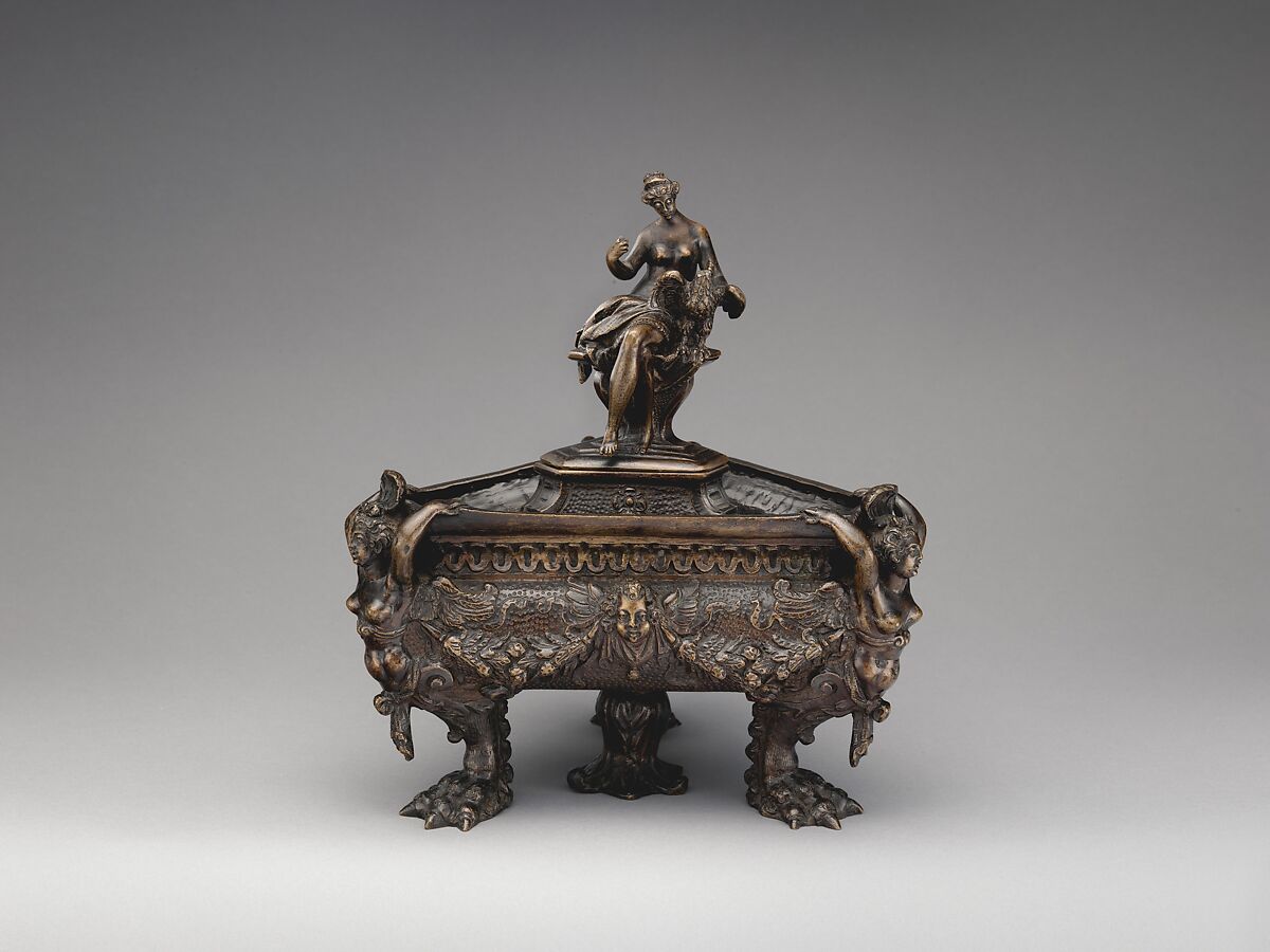 Inkwell (one of a pair) surmounted by finial figure representing vigilance, Bronze, Possibly Northern Italian 