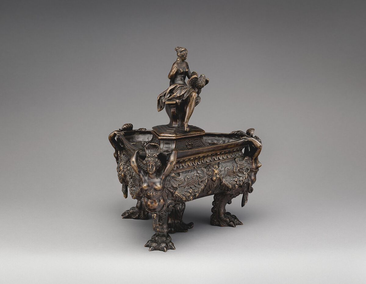 Inkwell (one of a pair) surmounted by finial figure representing vigilance, Bronze, Possibly Northern Italian