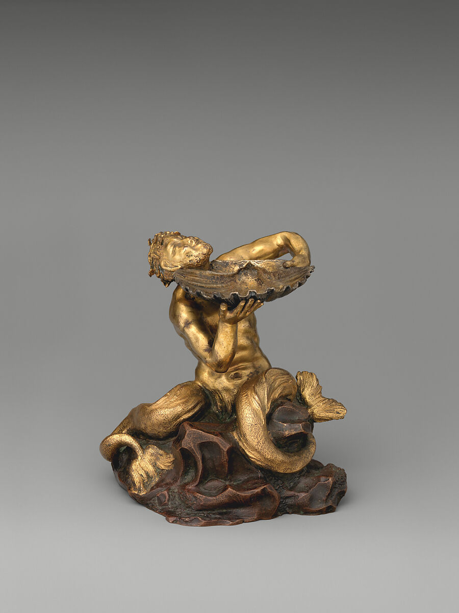Triton with shell serving as saltcellar, Follower of Gian Lorenzo Bernini (Italian, Naples 1598–1680 Rome), Copper, parcel gilt and silver-gilt, Italian, Rome 