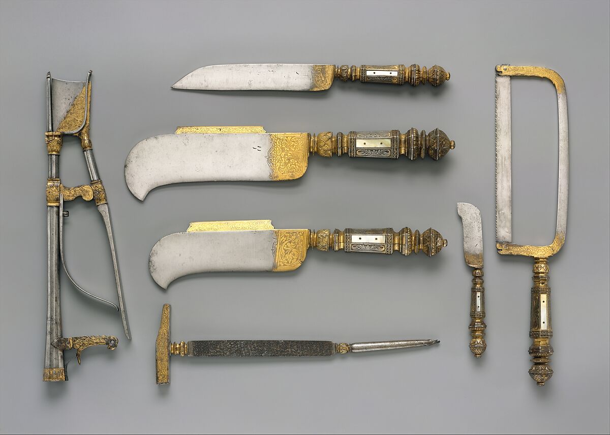 Set of seven pruning tools, Steel, partly gilded; mother-of-pearl, French, Moulins 