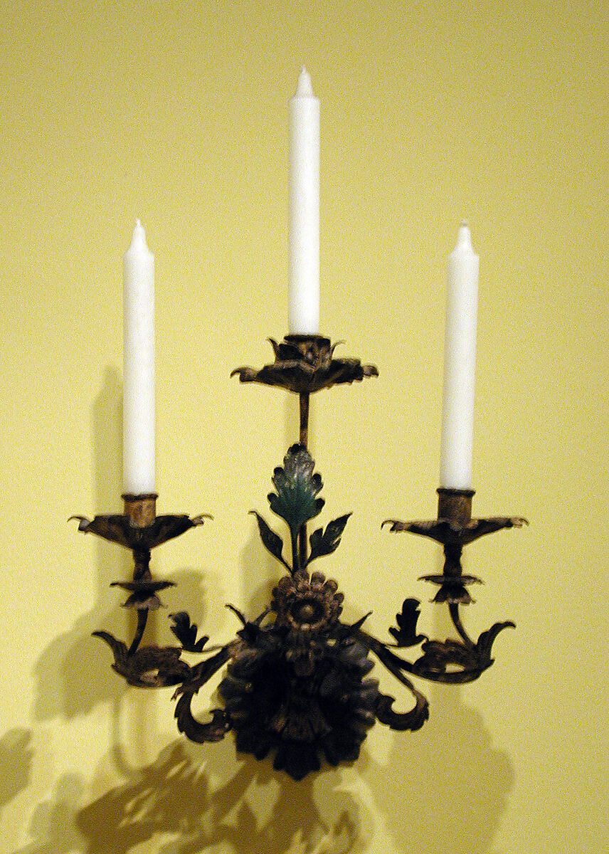 Pair of wall sconces, Wrought iron, painted and gilded, Northern Italian 