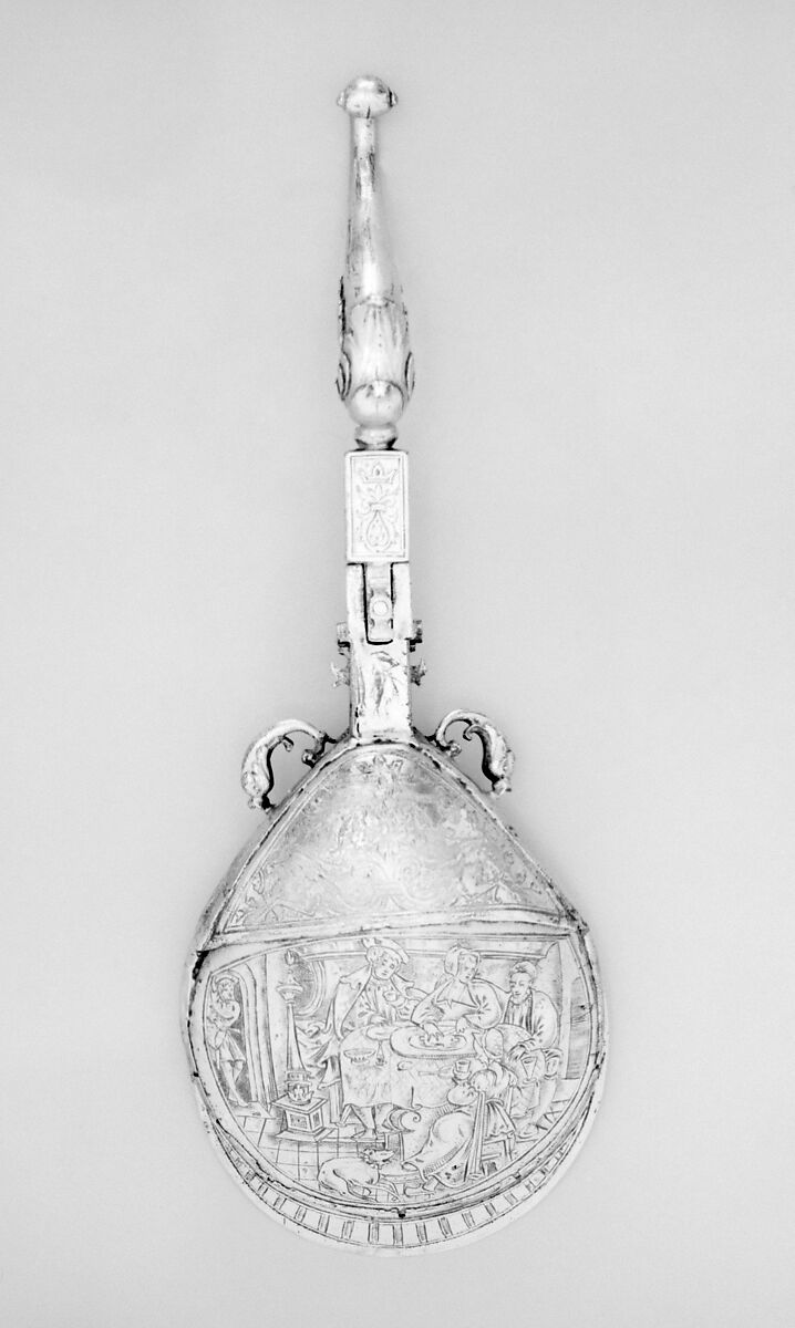 Folding spoon, Mother-of-pearl, gilt metal, Flemish, Antwerp 
