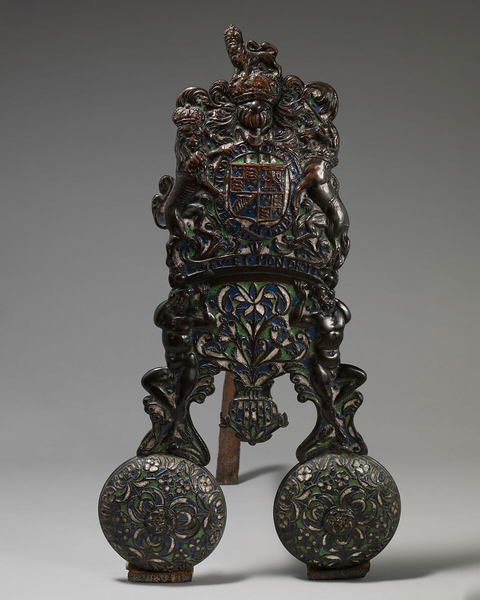 Pair of andirons, Stephen Pilcherd (British, free of the London Founders' Company 1625, died 1670) or, Brass, partly enameled, on a wrought-iron frame, British, London