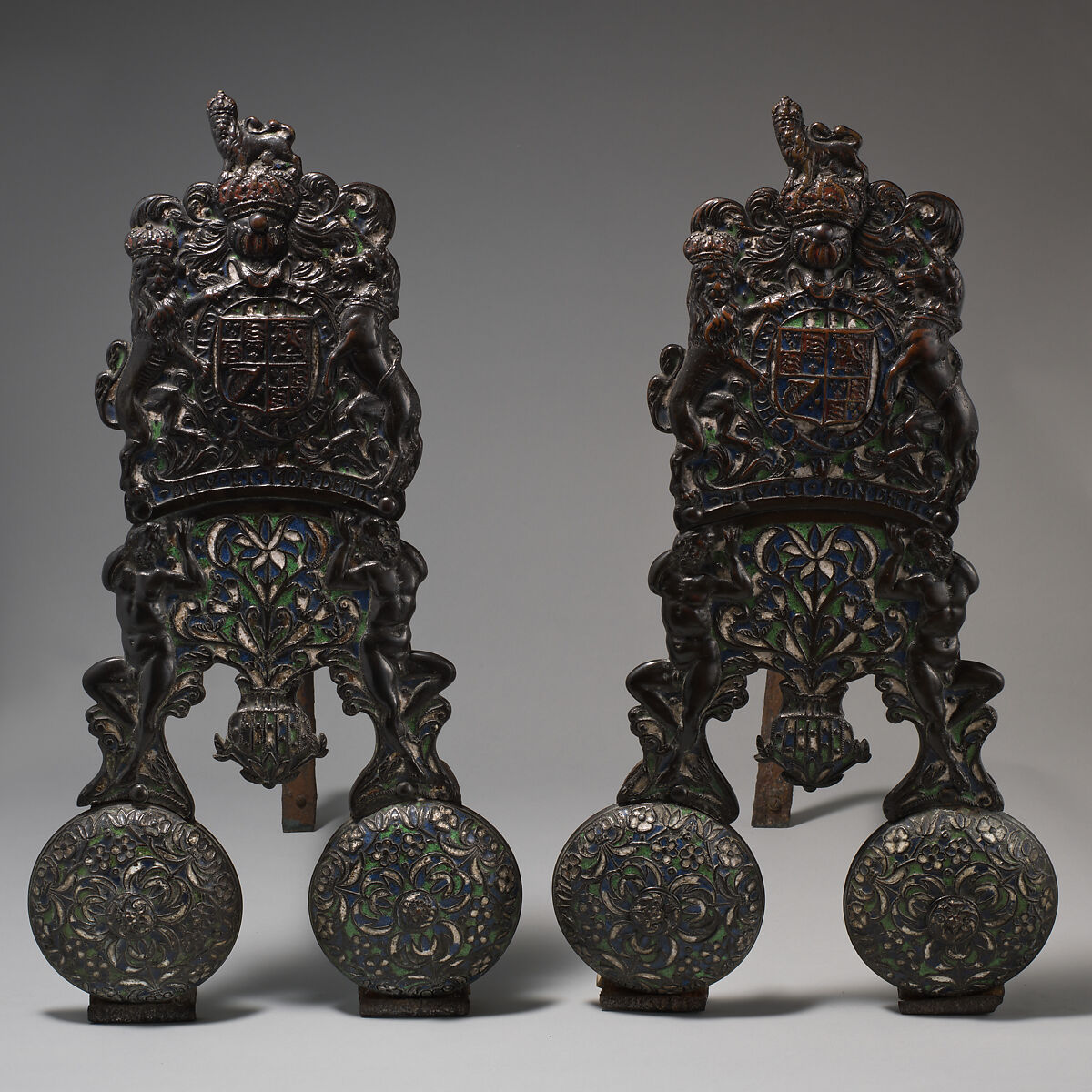 Pair of andirons, Stephen Pilcherd (British, free of the London Founders&#39; Company 1625, died 1670) or, Brass, partly enameled, on a wrought-iron frame, British, London 