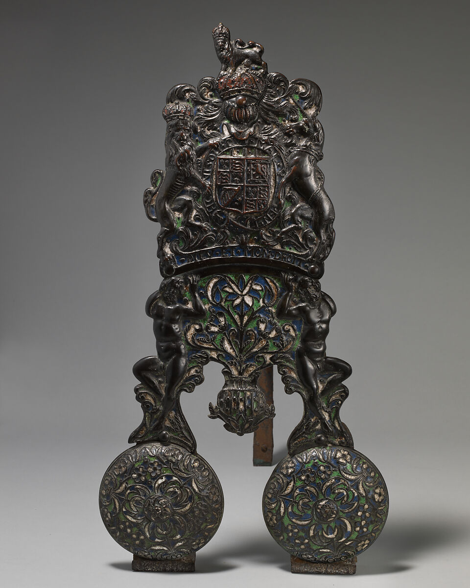 Pair of andirons, Stephen Pilcherd (British, free of the London Founders' Company 1625, died 1670) or, Brass, partly enameled, on a wrought-iron frame, British, London