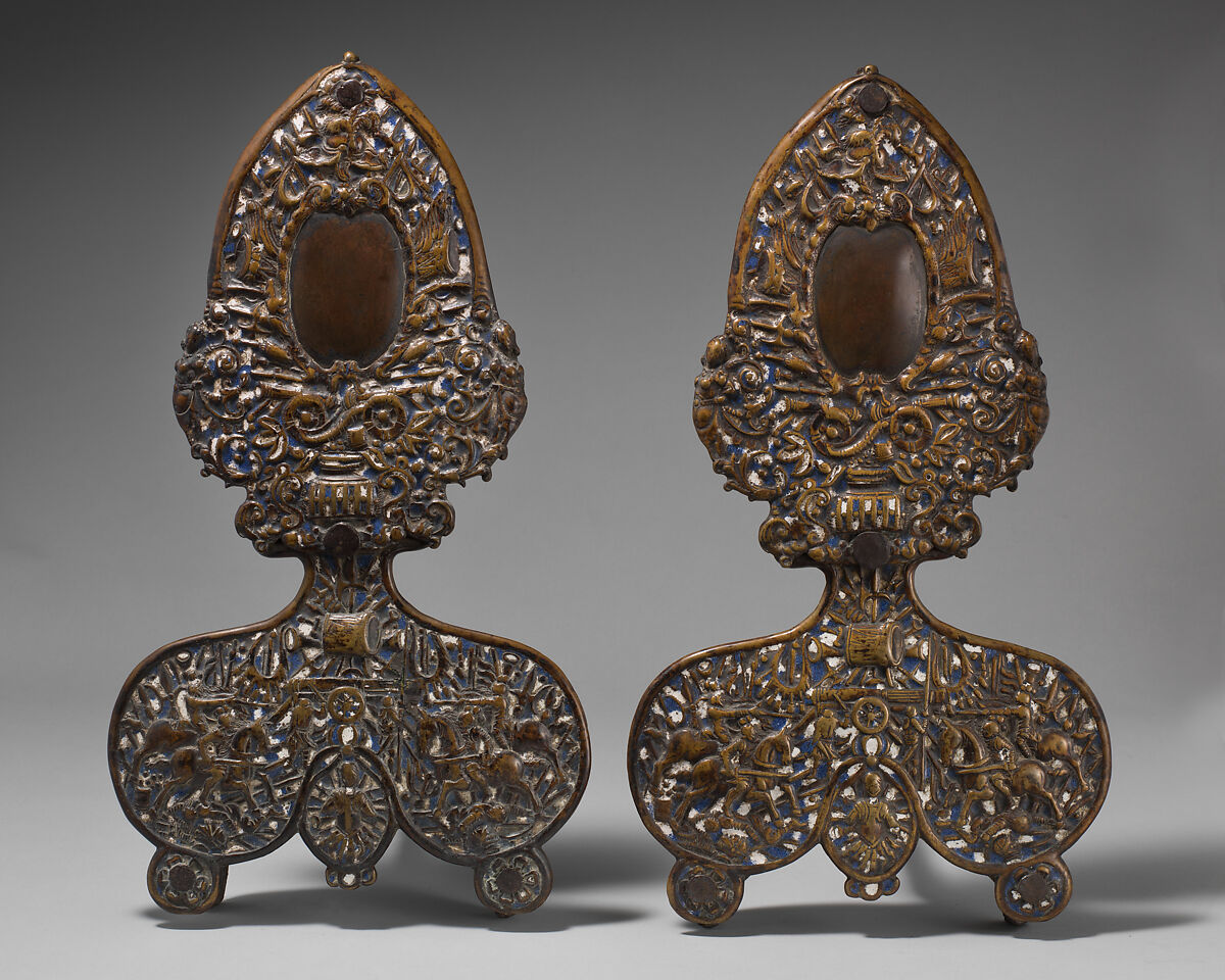 Pair of andirons, Enamel on brass, British, Surrey 