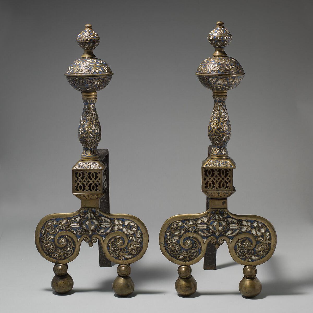 Pair of andirons, Enamel on brass, British, Surrey 