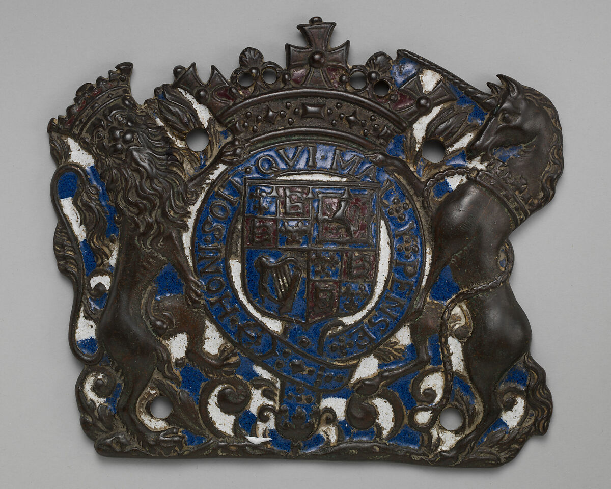 Armorial plaque of Charles II, Enamel on brass, British, Surrey 