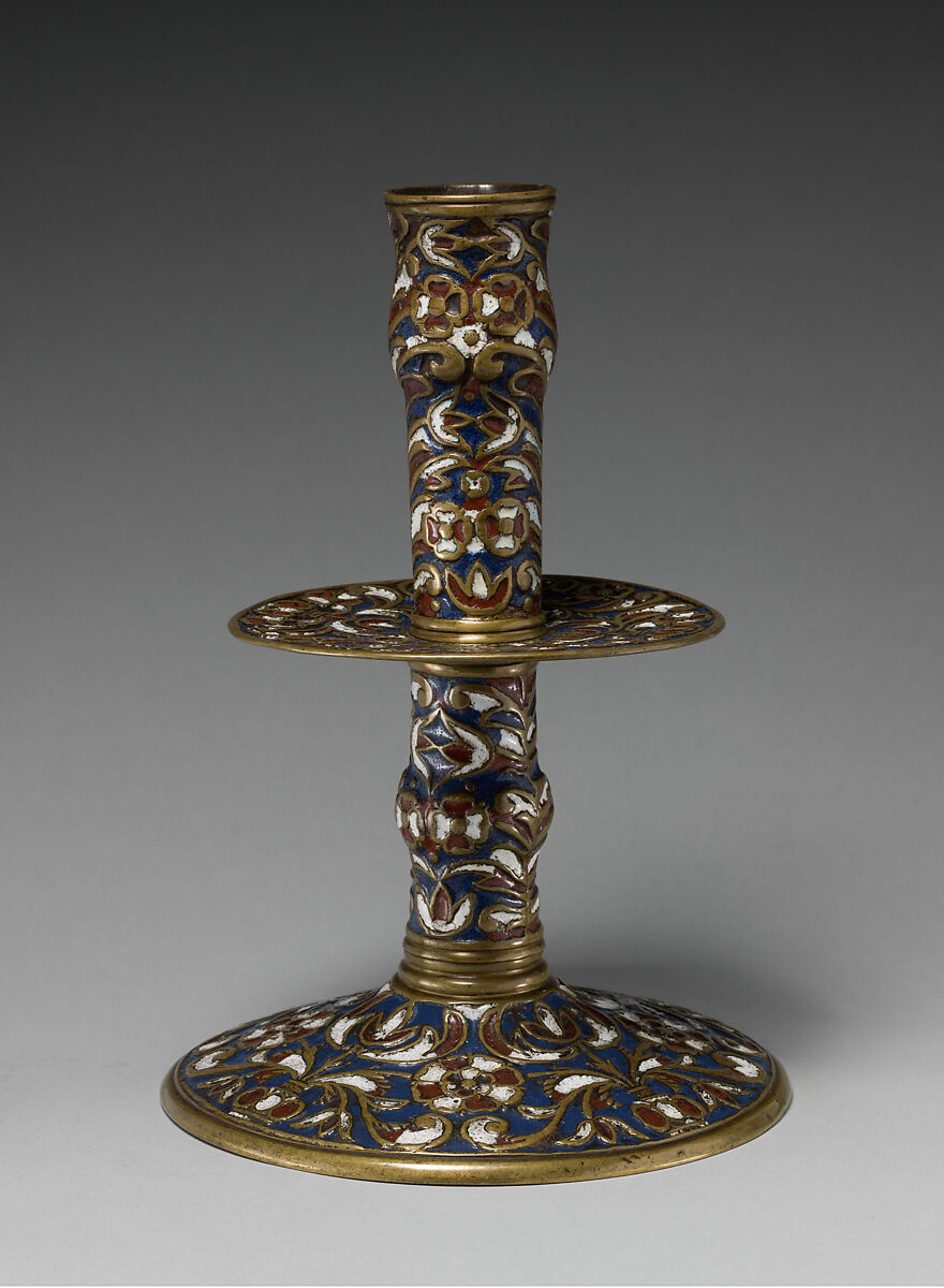 Pair of candlesticks, Enamel on brass, British, Surrey 