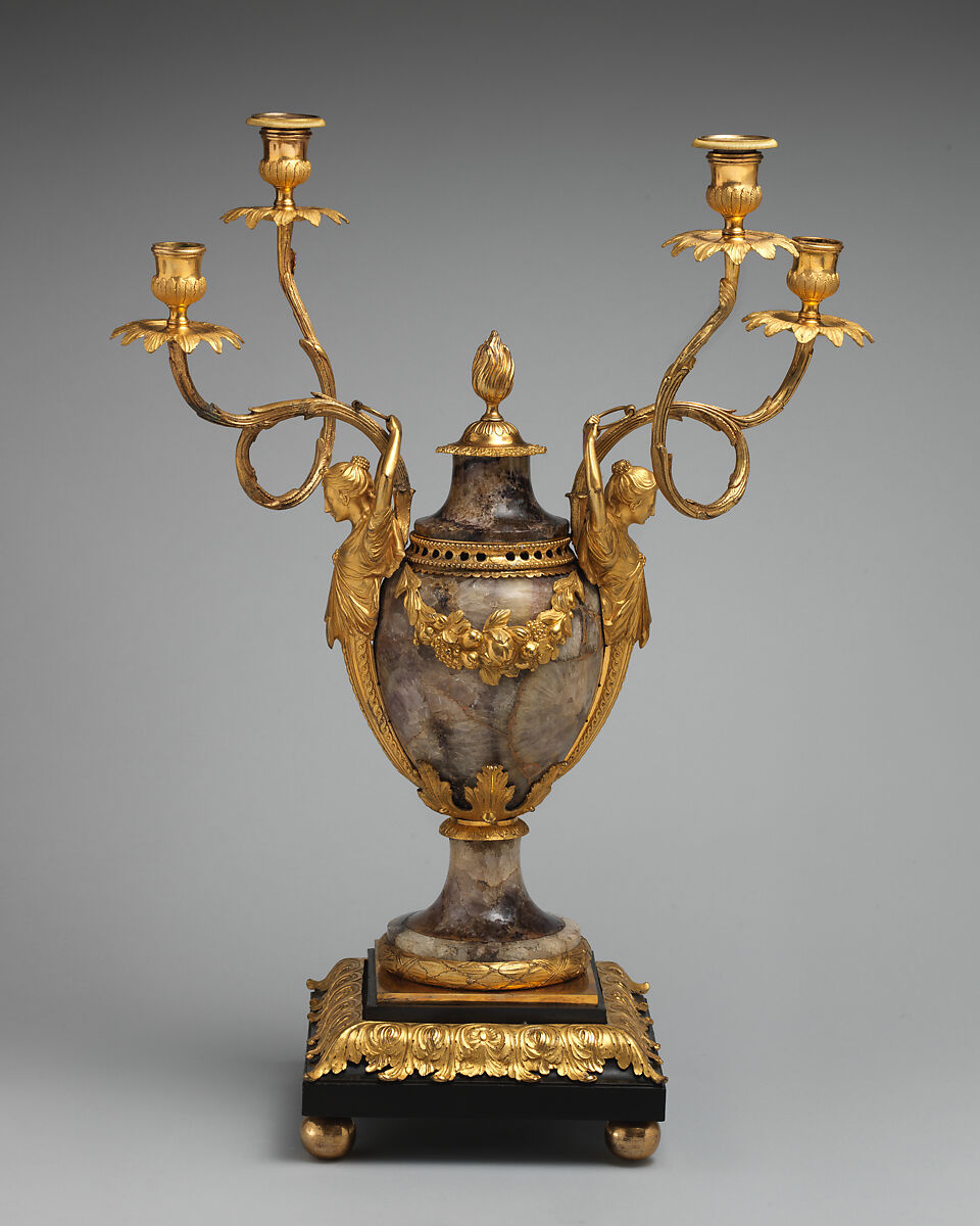 Candelabrum perfume burner (one of a pair), Matthew Boulton (British, Birmingham 1728–1809 Birmingham), Derbyshire spar, gilded bronze, wood, silvered copper, British, Soho near Birmingham 