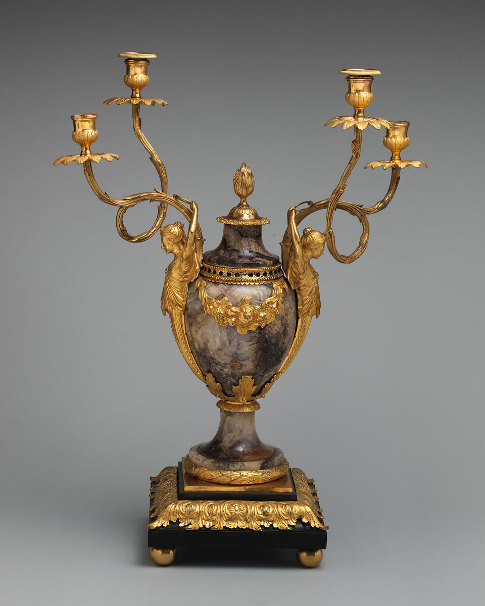 Candelabrum perfume burner (one of a pair), Matthew Boulton (British, Birmingham 1728–1809 Birmingham), Derbyshire spar, gilded bronze, wood, silvered copper, British, Soho near Birmingham