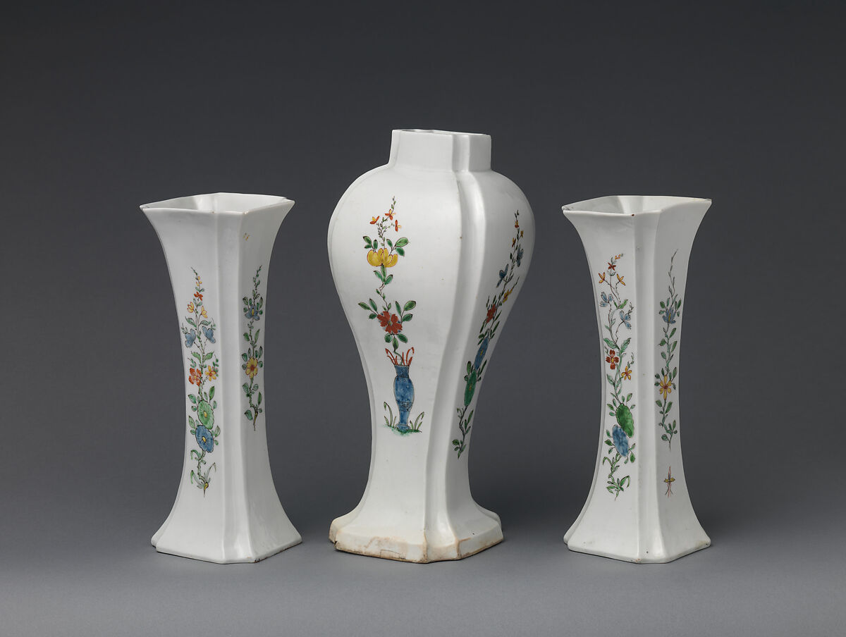 Garniture of three vases, Soft-paste porcelain decorated in polychrome enamels, British, Worcester 