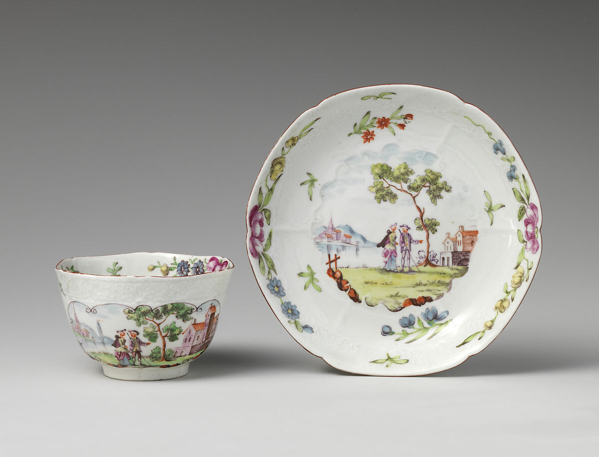 Teabowl and saucer, Soft-paste porcelain, British 