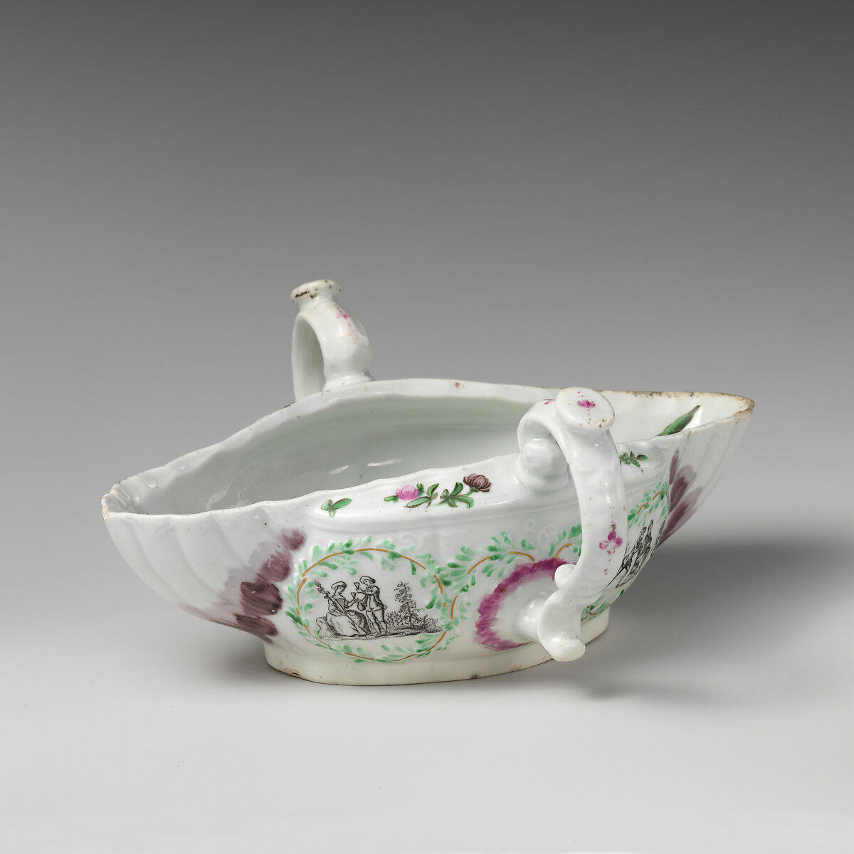 Double-handle sauceboat, Worcester factory (British, 1751–2008), Soft-paste porcelain, British, Worcester
