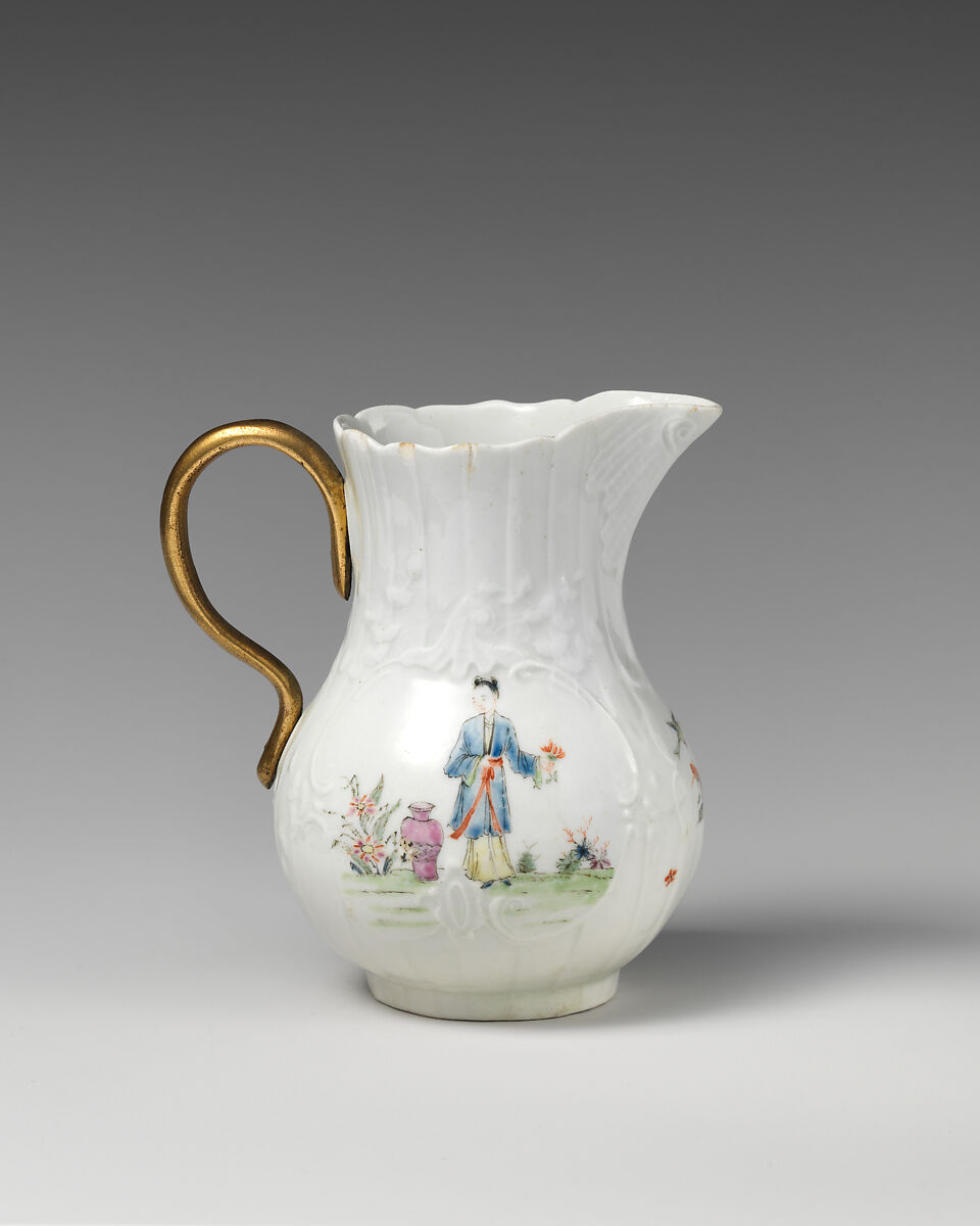 Cream jug, Soft-paste porcelain, metal, British