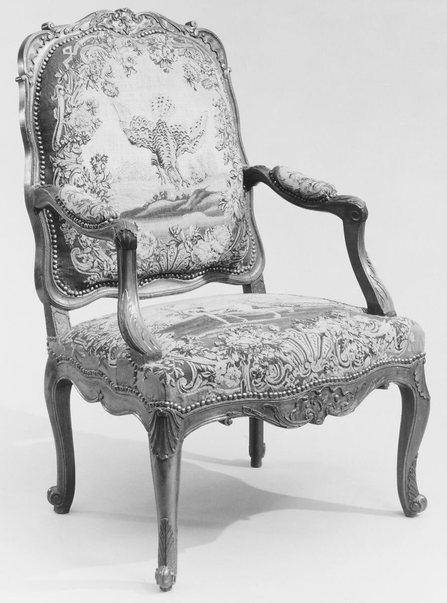 Pair of armchairs, Tapestry woven at: Beauvais, Carved walnut; Beauvais tapestry covers, French 