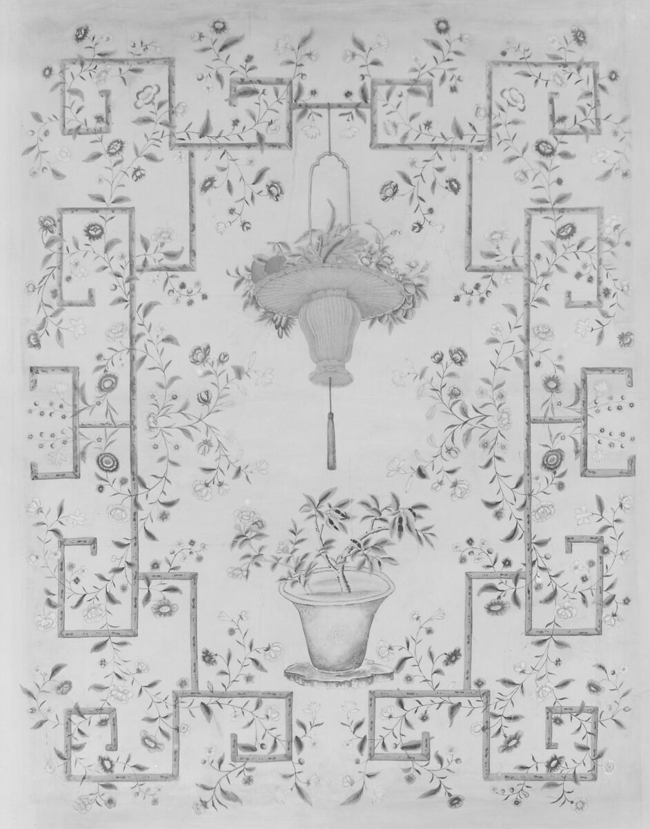 Set of six wall panels, Painted paper on canvas, Chinese, for European market