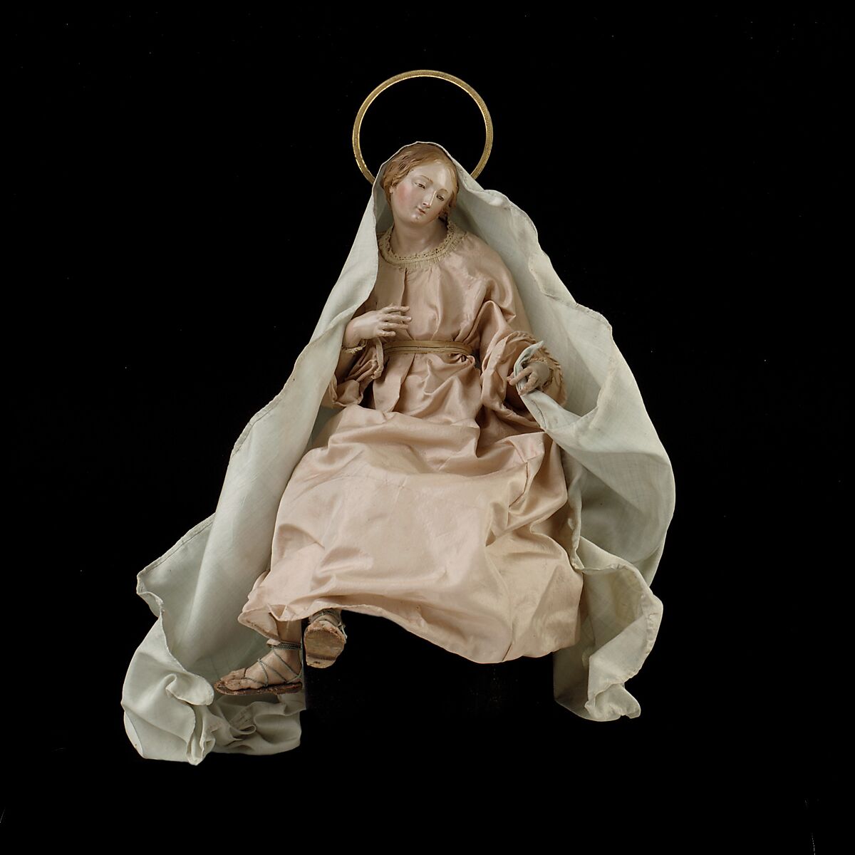 Virgin, Attributed to Salvatore di Franco (active 18th century), Polychromed terracotta head and wooden limbs; body of wire wrapped in tow; silver-gilt halo; silk and linen garments, Italian, Naples 