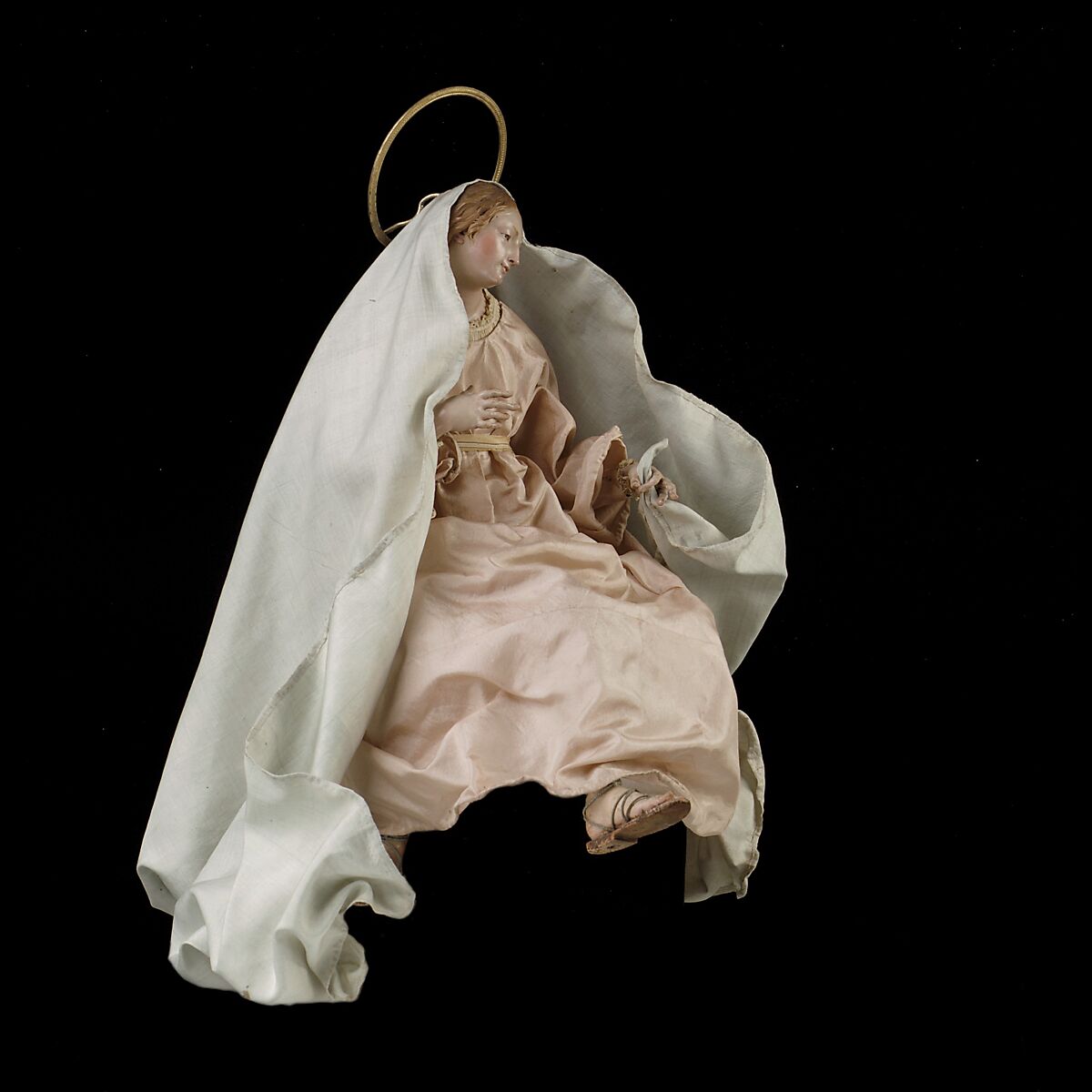Virgin, Attributed to Salvatore di Franco (active 18th century), Polychromed terracotta head and wooden limbs; body of wire wrapped in tow; silver-gilt halo; silk and linen garments, Italian, Naples