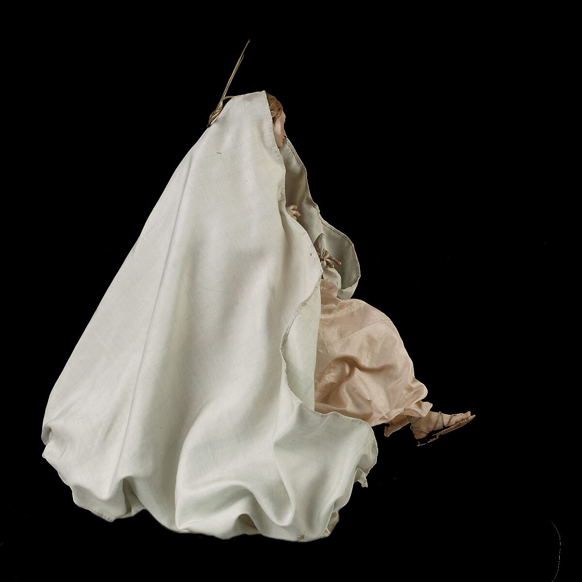 Virgin, Attributed to Salvatore di Franco (active 18th century), Polychromed terracotta head and wooden limbs; body of wire wrapped in tow; silver-gilt halo; silk and linen garments, Italian, Naples