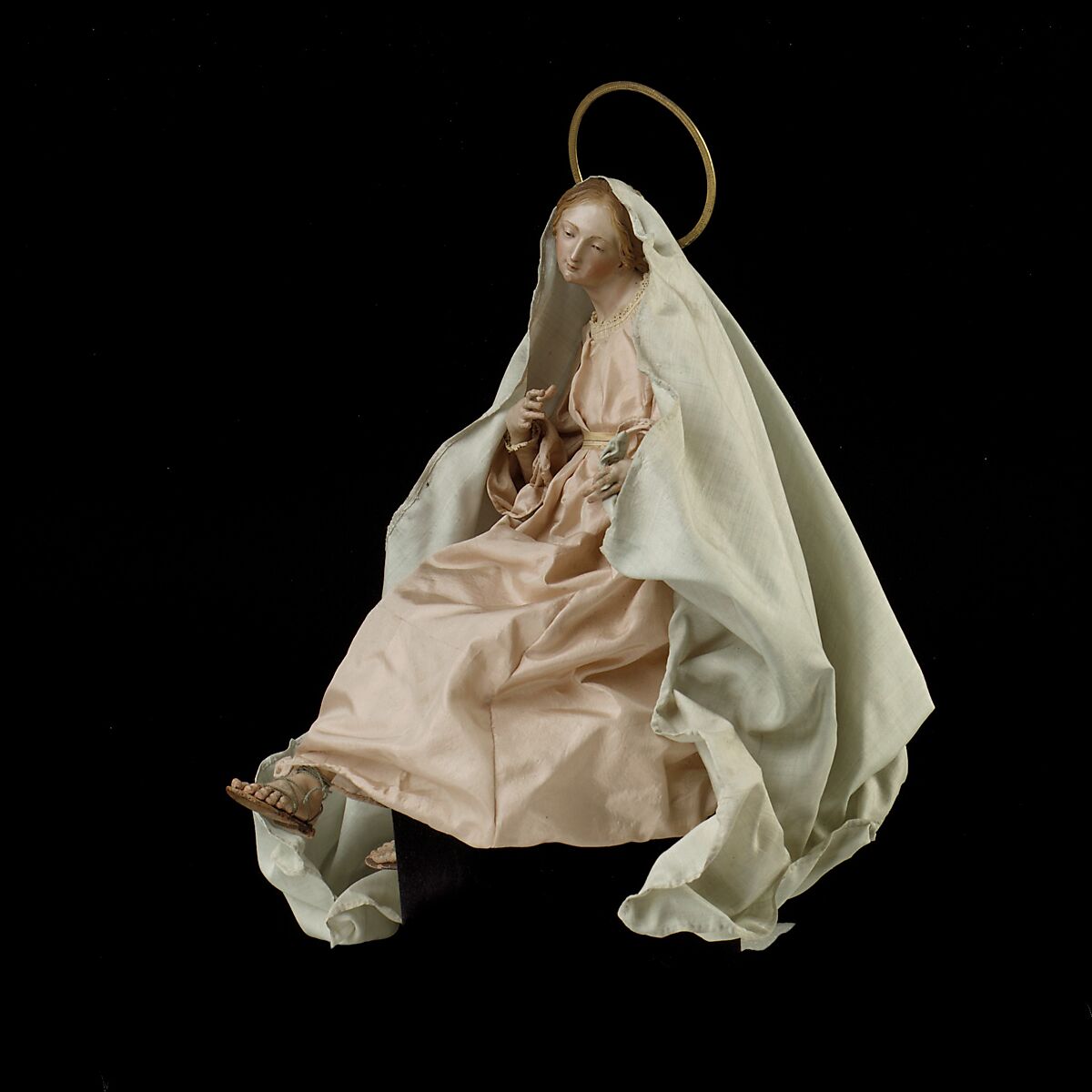 Virgin, Attributed to Salvatore di Franco (active 18th century), Polychromed terracotta head and wooden limbs; body of wire wrapped in tow; silver-gilt halo; silk and linen garments, Italian, Naples