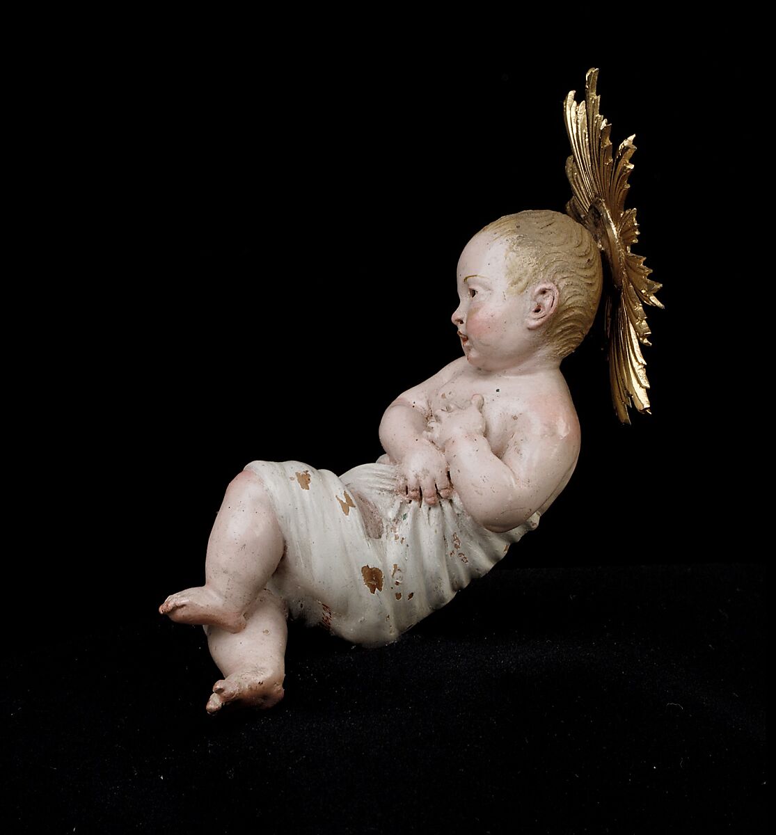 Infant Jesus, Attributed to Giuseppe Sanmartino (Italian, 1720–1793), Polychromed terracotta, charred wood and rope, silver-gilt halo, Italian, Naples