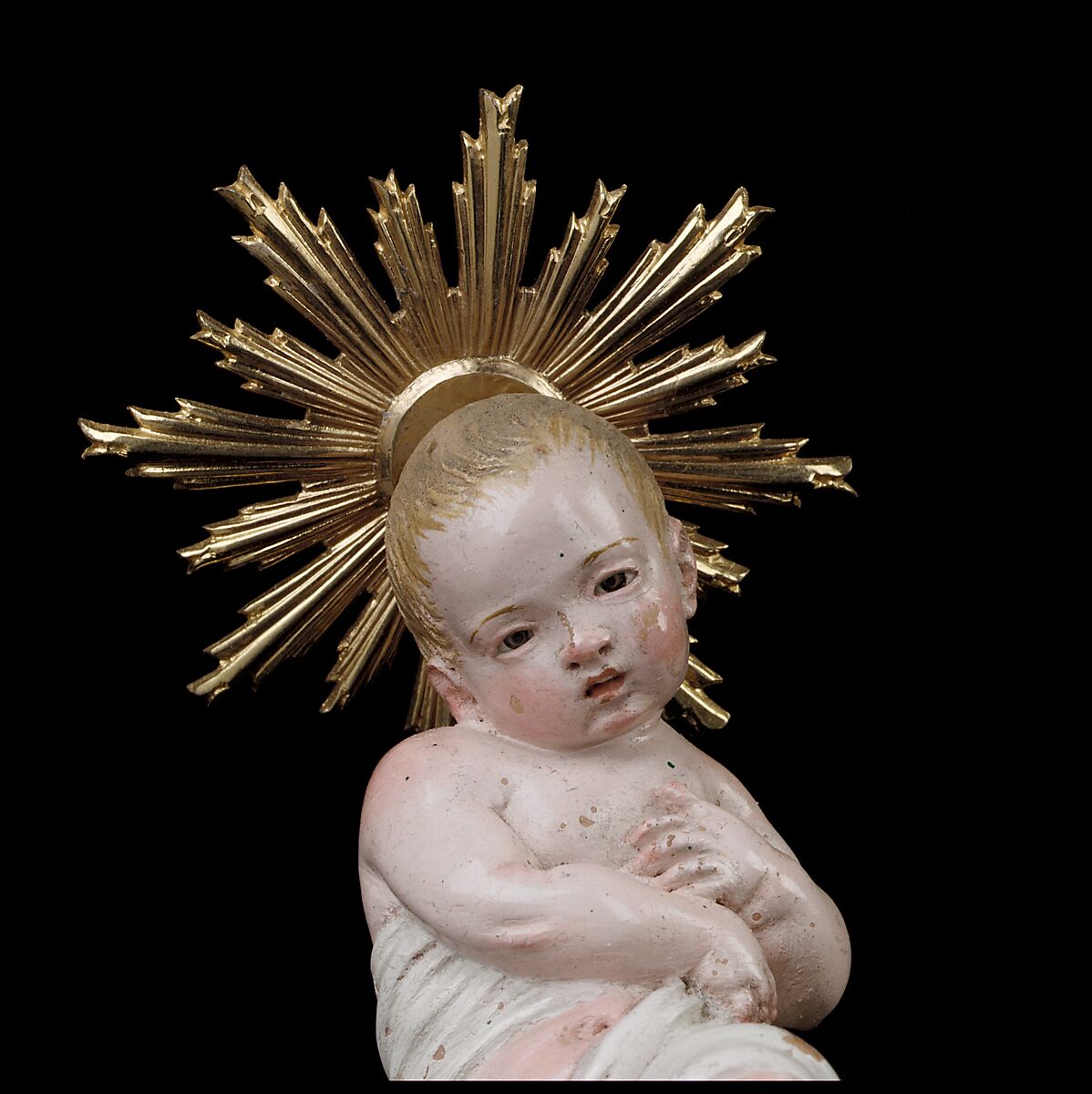 Infant Jesus, Attributed to Giuseppe Sanmartino (Italian, 1720–1793), Polychromed terracotta, charred wood and rope, silver-gilt halo, Italian, Naples