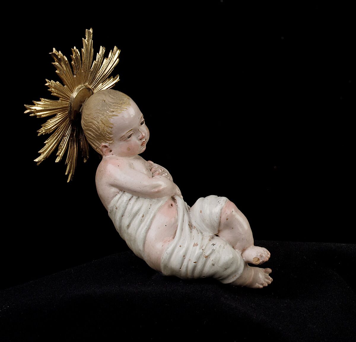 Infant Jesus, Attributed to Giuseppe Sanmartino (Italian, 1720–1793), Polychromed terracotta, charred wood and rope, silver-gilt halo, Italian, Naples