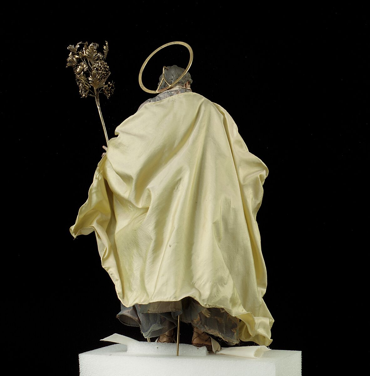 St. Joseph, Attributed to Salvatore di Franco (active 18th century), Polychromed terracotta head and wooden limbs; body of wire wrapped in tow; various fabrics; silver-gilt halo and staff, Italian, Naples