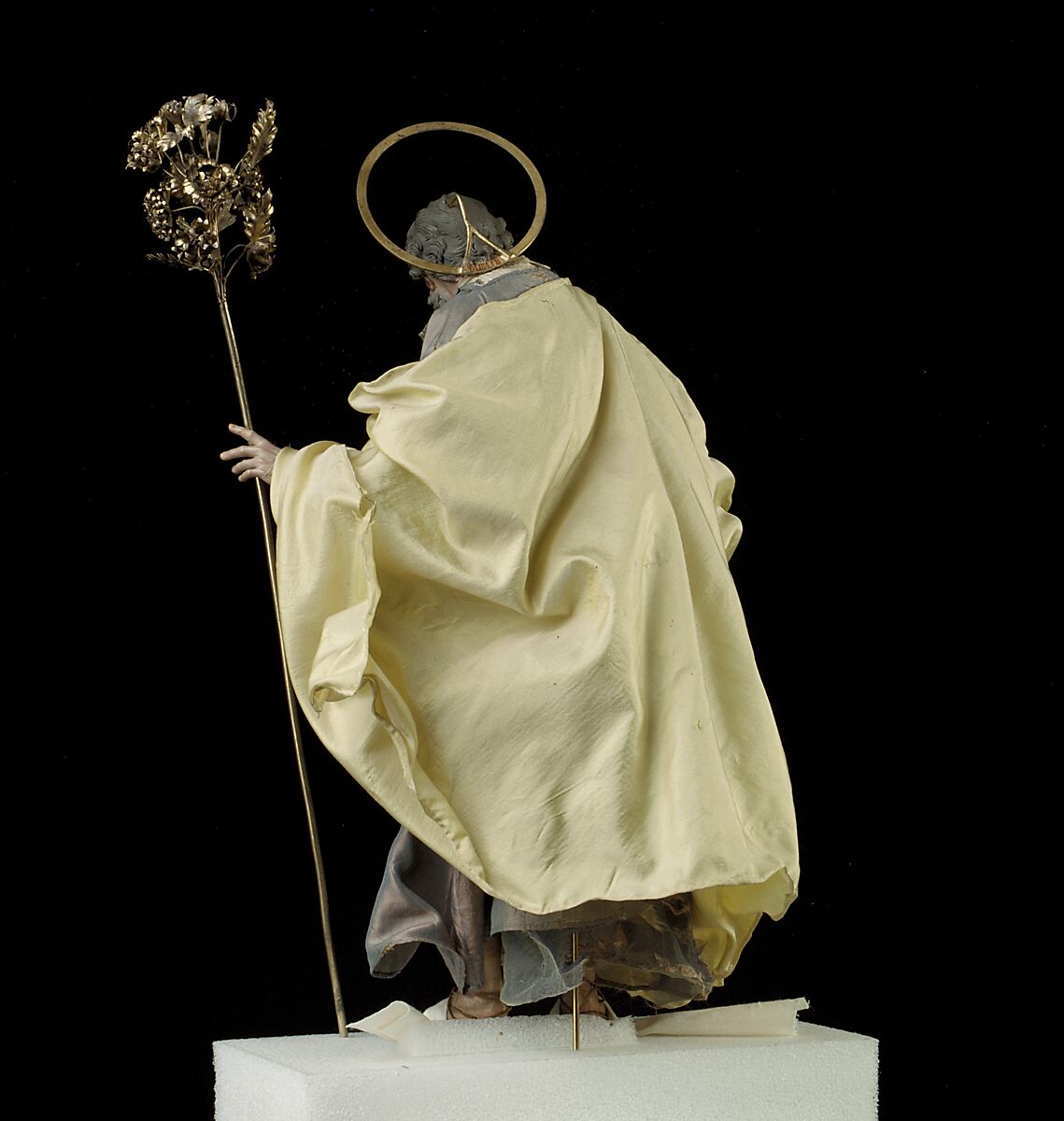 St. Joseph, Attributed to Salvatore di Franco (active 18th century), Polychromed terracotta head and wooden limbs; body of wire wrapped in tow; various fabrics; silver-gilt halo and staff, Italian, Naples