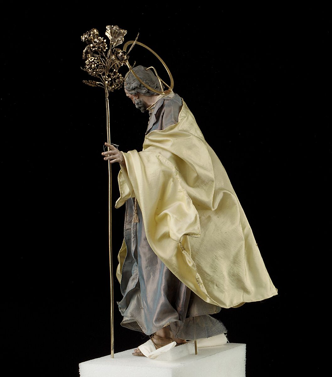 St. Joseph, Attributed to Salvatore di Franco (active 18th century), Polychromed terracotta head and wooden limbs; body of wire wrapped in tow; various fabrics; silver-gilt halo and staff, Italian, Naples