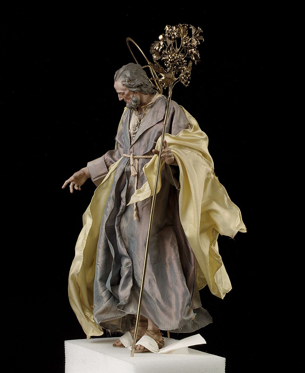 St. Joseph, Attributed to Salvatore di Franco (active 18th century), Polychromed terracotta head and wooden limbs; body of wire wrapped in tow; various fabrics; silver-gilt halo and staff, Italian, Naples